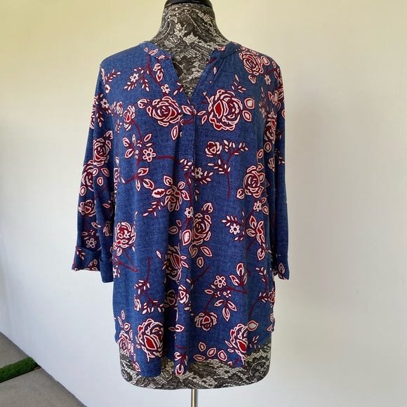 Blue Women's Top with Red and white florals by Papermoon size XL - Picture 1 of 4